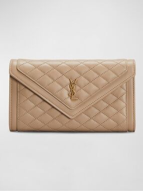 GABY LARGE YSL FLAP QUILT LAMBSKIN WALLET IN DARK BEIGE